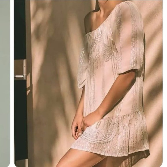 Anthropologie Carolina K Women’s Charo Off Shoulder Cream Sequined Boho Dress - Picture 3 of 14